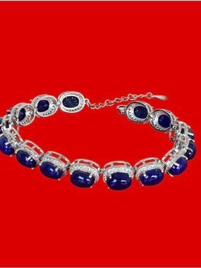 925 Sterling Silver Adjustable Bracelet 7.5" With Natural Lapis Lazuli & CZ